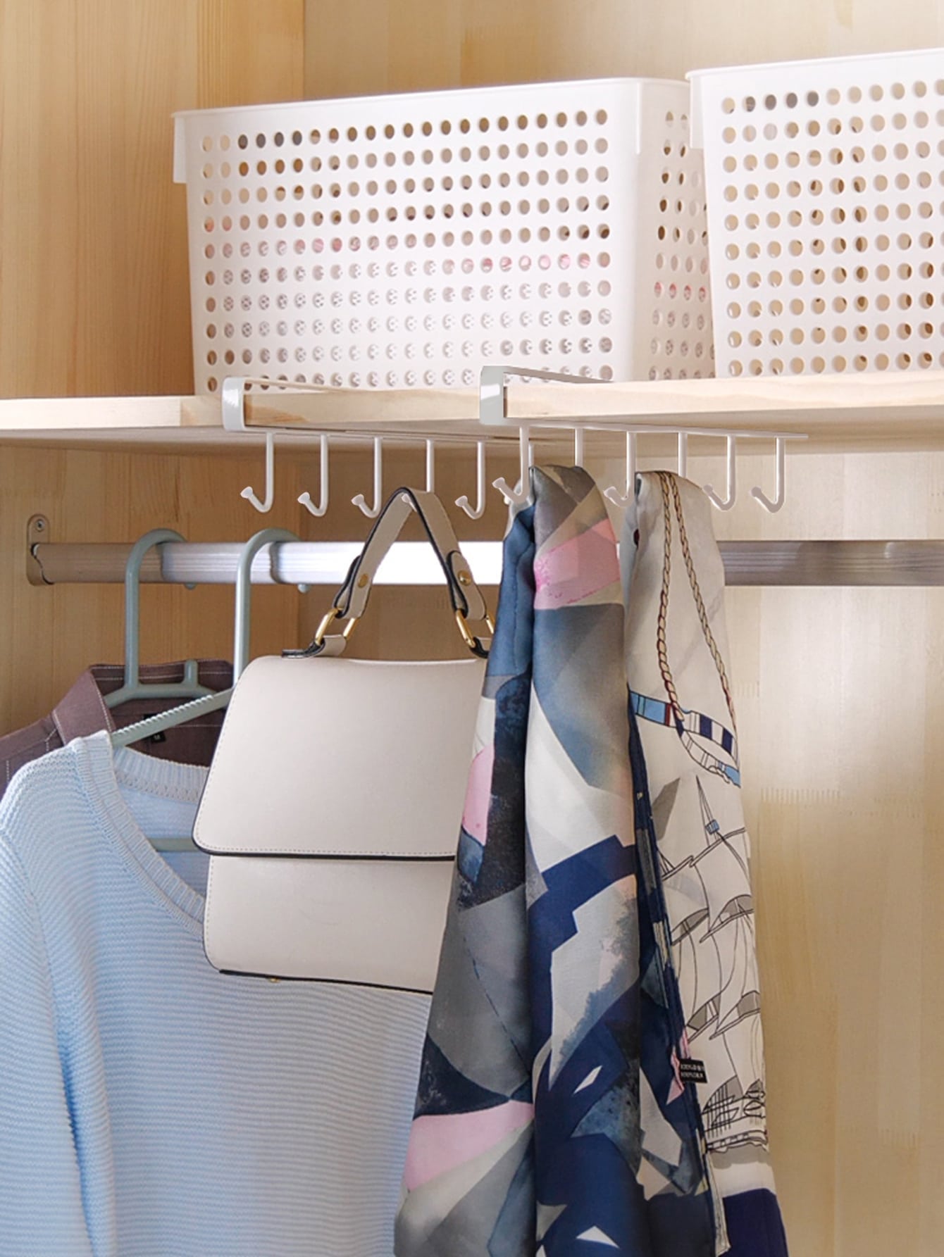 1pc 6 Hooks Storage Shelf, Wardrobe Cabinet Metal Under Shelf, Mug Cup Hanger Bathroom Kitchen Organizer Hanging Rack Holder